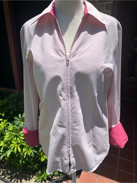 DDC MISSY Tops - Women’s Pink Striped Zip top & bottom-Front Dress Shirt